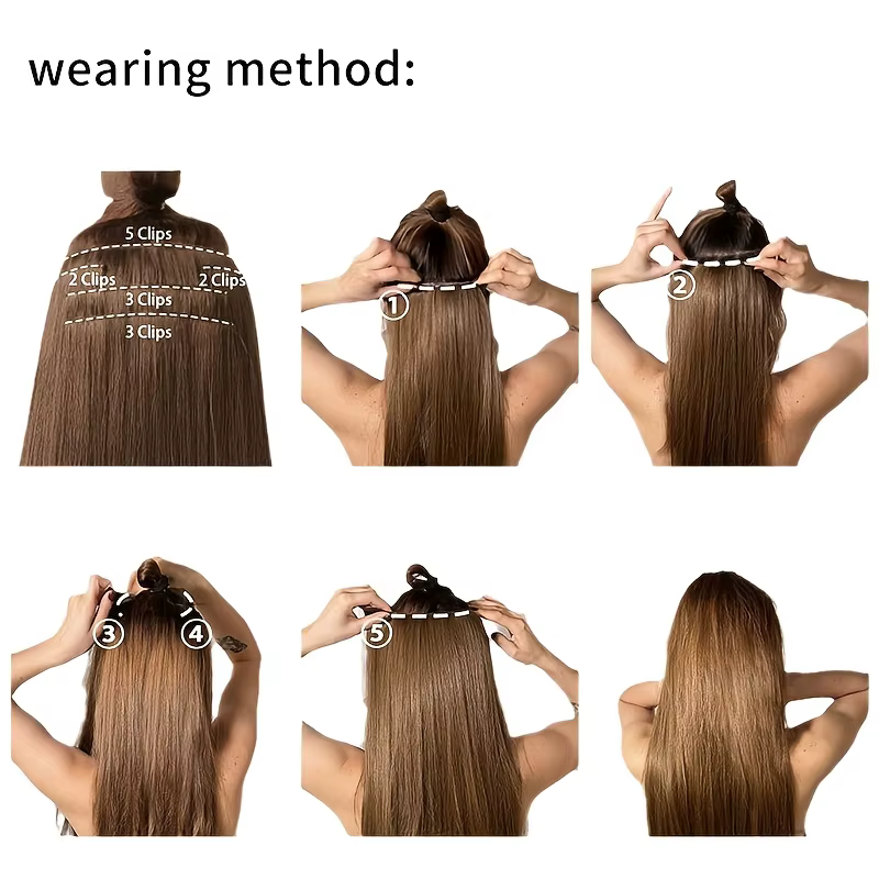 6 extensions de cheveux lisses à clipser pour femmes - Postiche synthétique résistant à la chaleur avec effet naturel