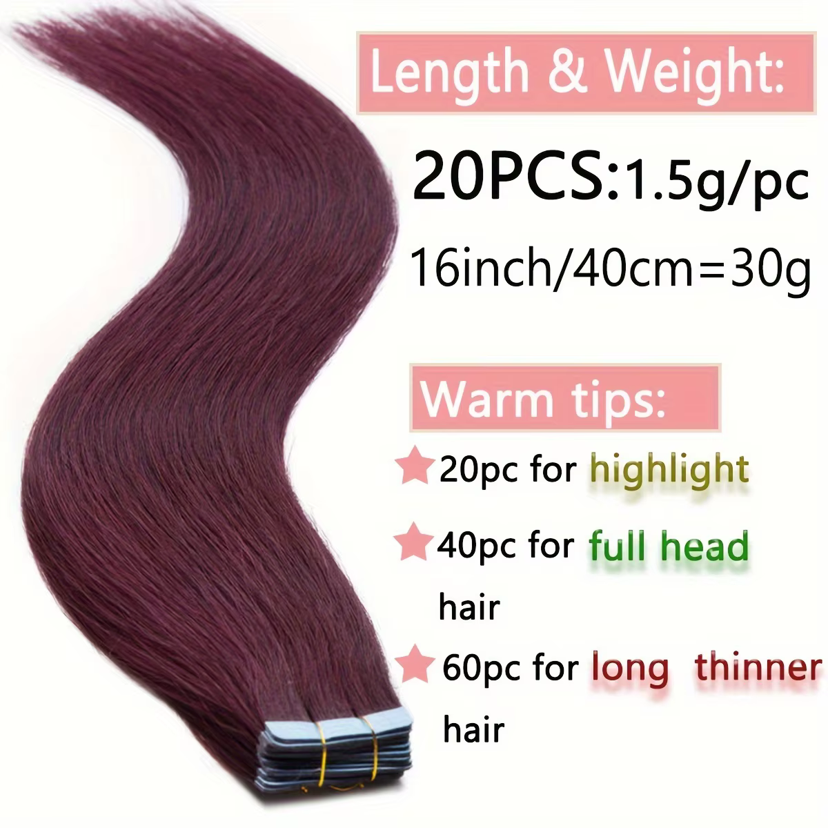 Extension de cheveux à bande Remy rouge vin, colle Double face 12-22 pouces, 20 pièces/paquet pour Extensions de cheveux fins