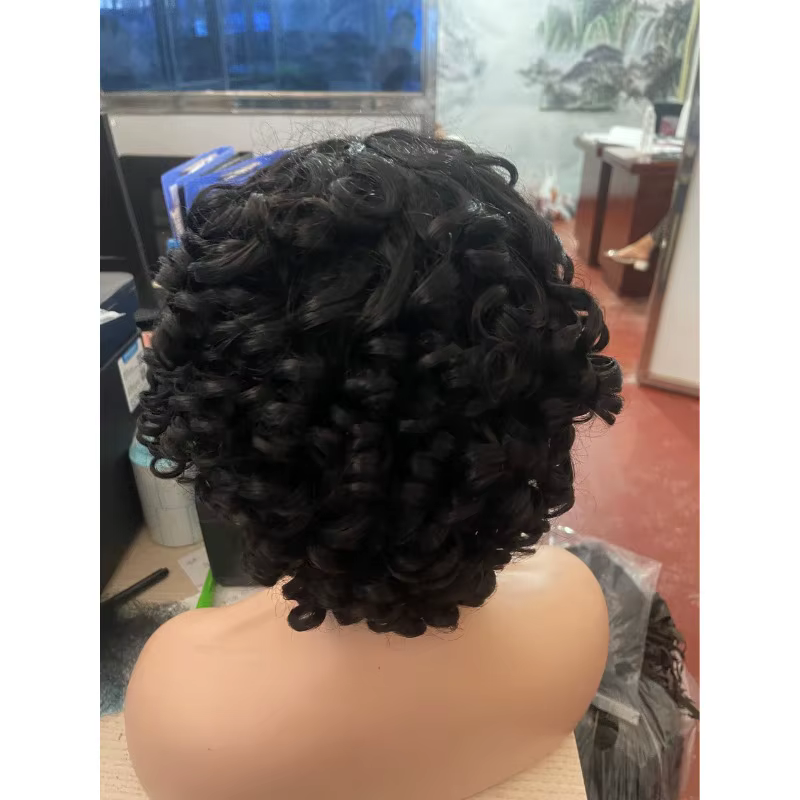 Perruque courte bouclée de cheveux humains