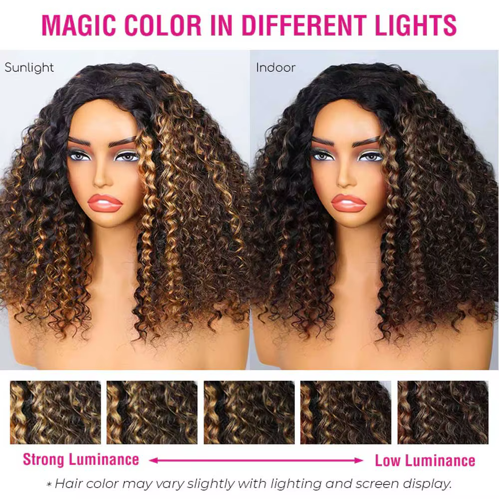 Demi-perruque en cheveux naturels InvisiFit Strap Blonde Highlight Kinky Curly 3-en-1 à cordon de serrage