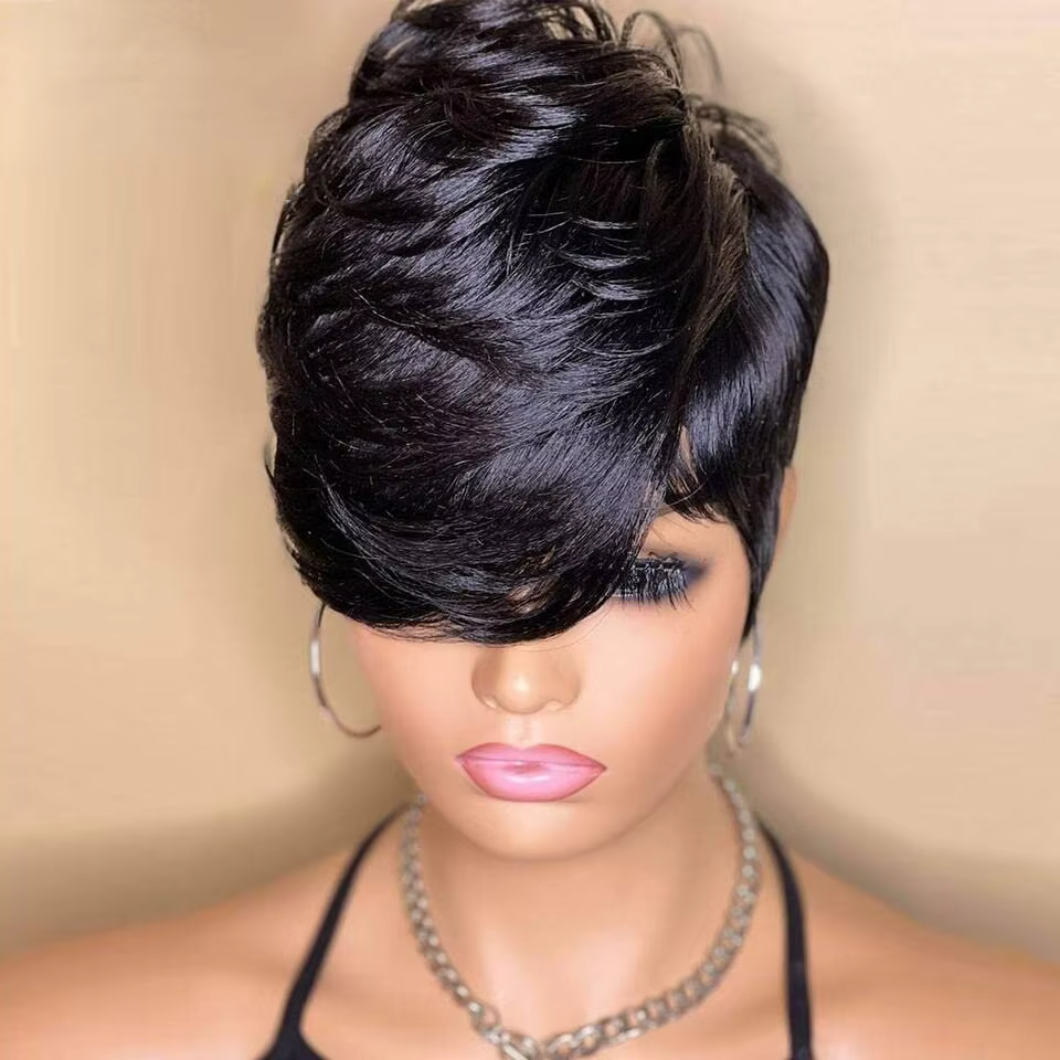 Perruques courtes Bob coupe lutin droite couleur naturelle Bob perruque avec frange brésilienne vierge Remy