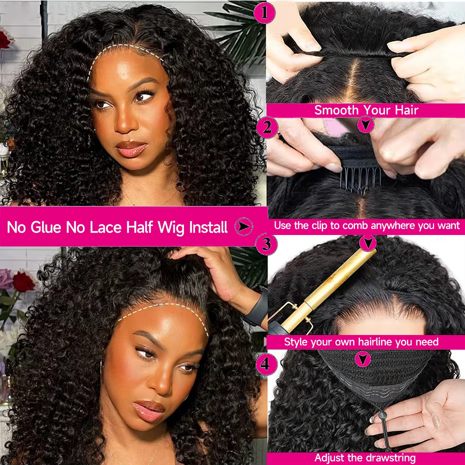 Perruque mi-tête bouclée crépue en cheveux humains pour femmes