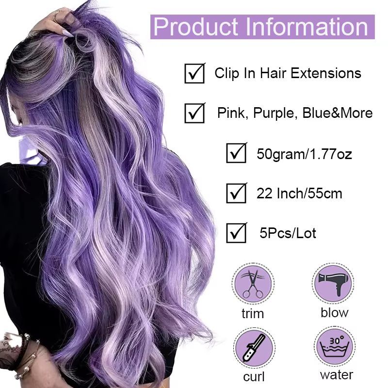 Extensions de cheveux synthétiques colorées à Clip Long de 22 pouces