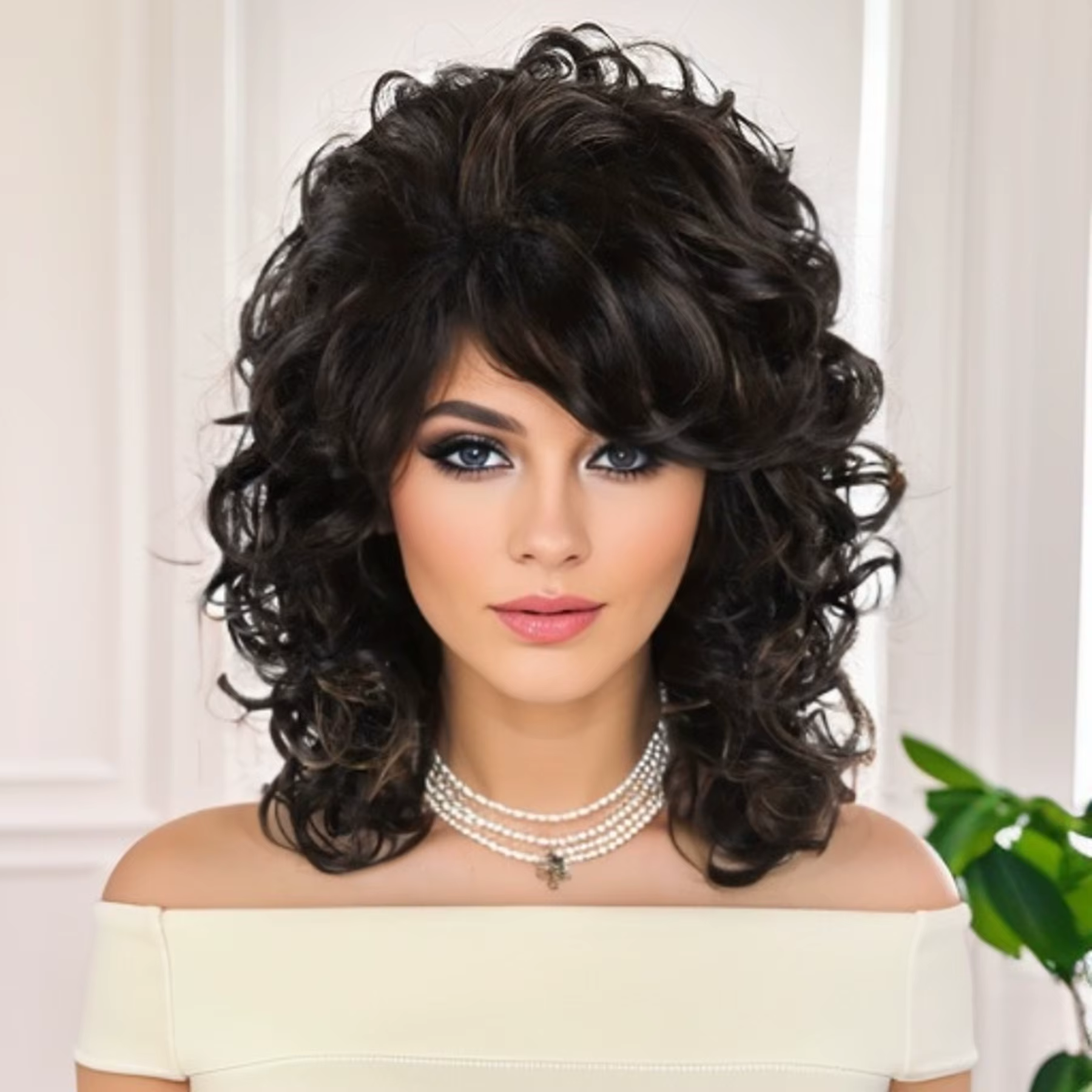Perruque synthétique brune bouclée volumineuse avec frange pour femme
