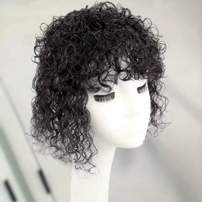 13x14CM cheveux humains bouclés Topper avec frange sans couture moelleux court
