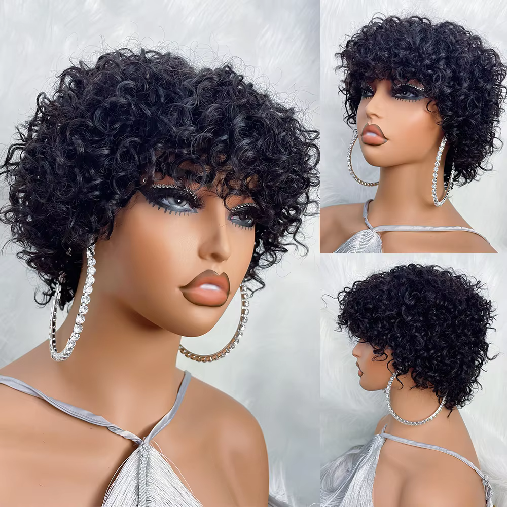 Perruques de cheveux humains coupe lutin pour les femmes noires Afro Rose bouclés Funmi