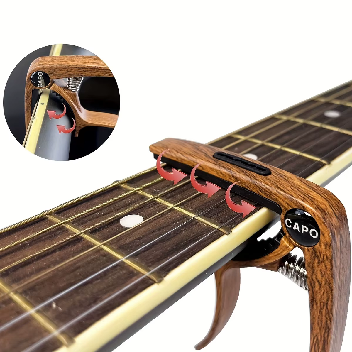 Capodastre de guitare en métal en alliage de zinc 3 en 1 - avec 1 plectrum de guitare en métal. Convient pour le stockage des capodes, des plectres et l'extracteur de broches de pont.