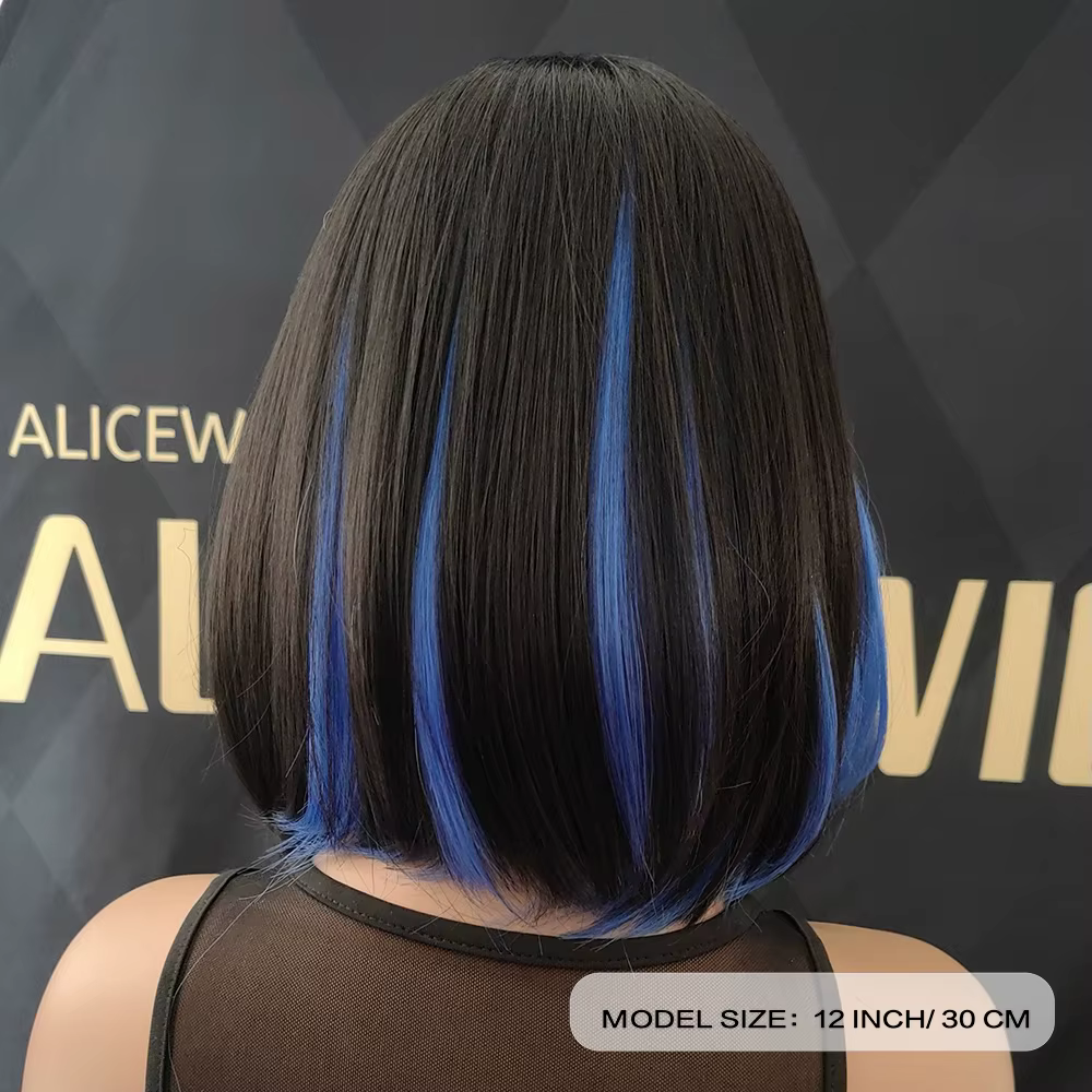 2025 Nouvelle perruque bleue, perruque Bob synthétique bleue mixte noire