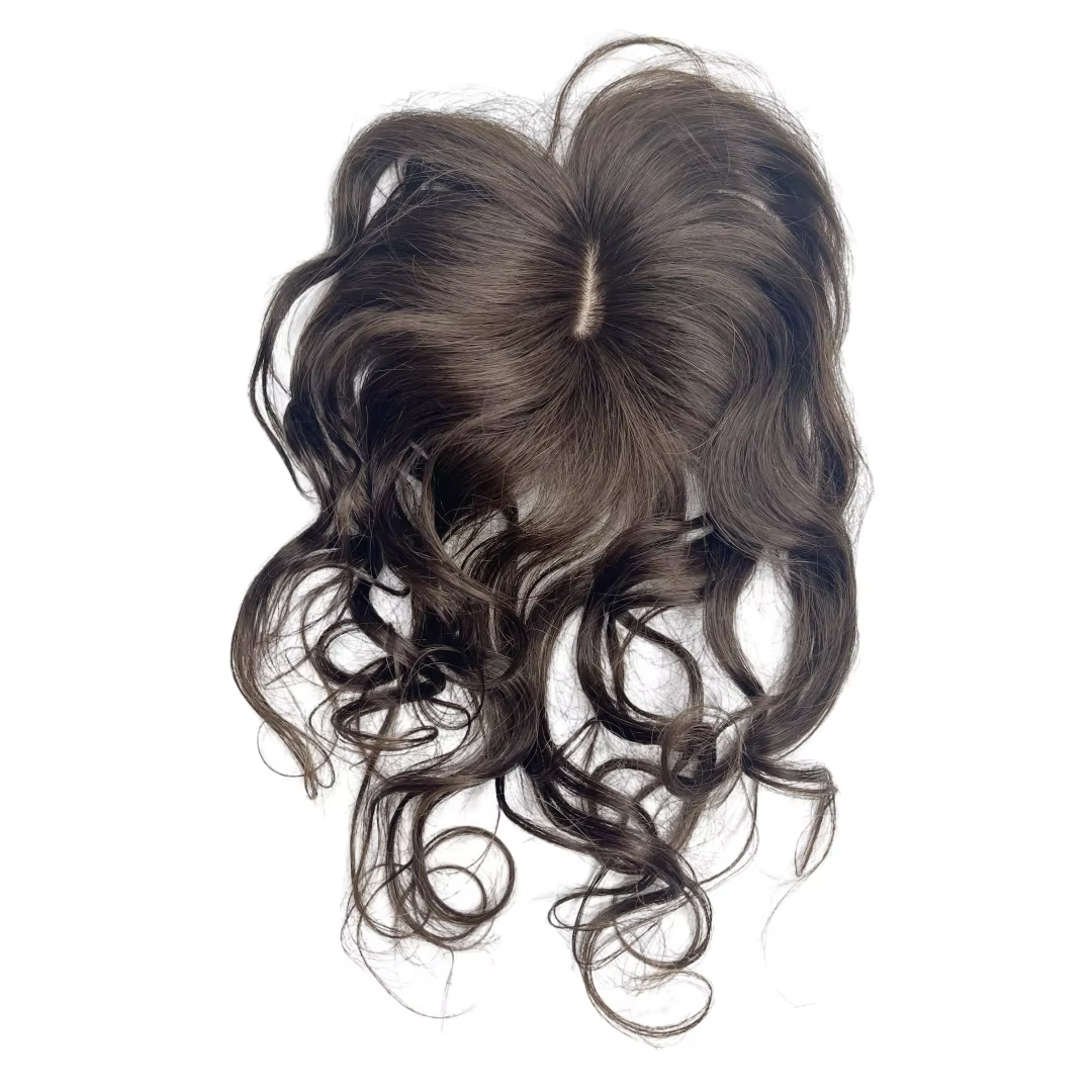 Postiche bouclée ondulée partie centrale cheveux humains Topper avec frange pince en vrais