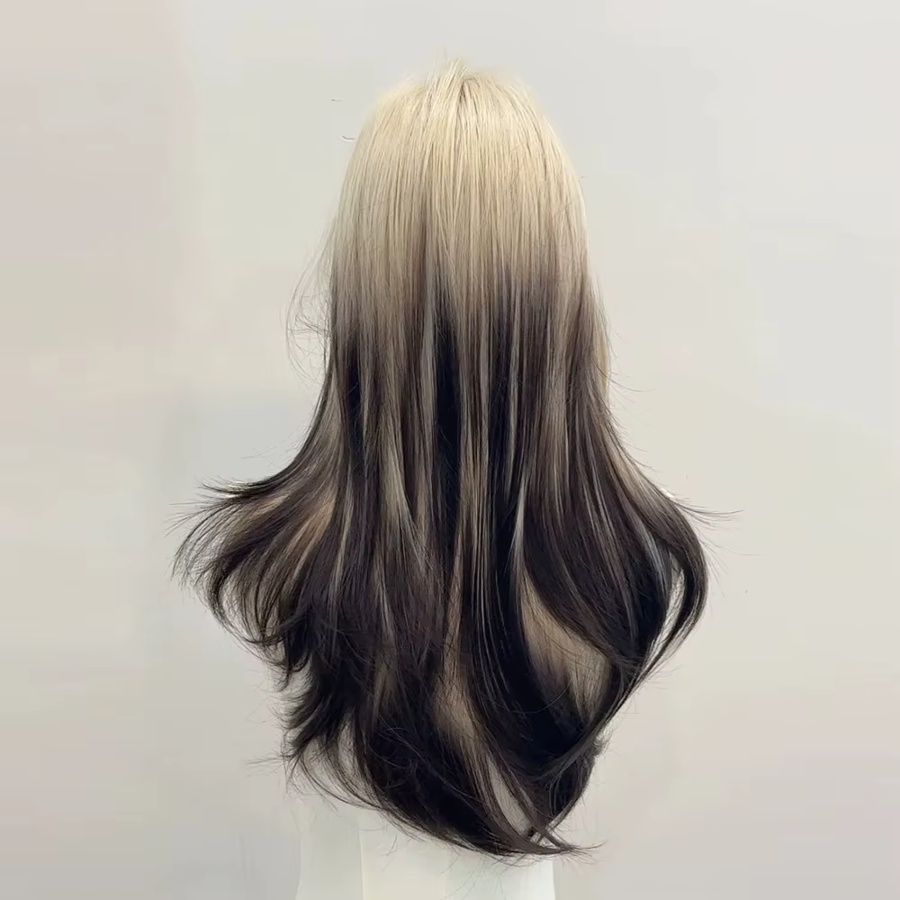 Perruque synthétique superposée noire Blonde ombrée pour Cosplay Lolita