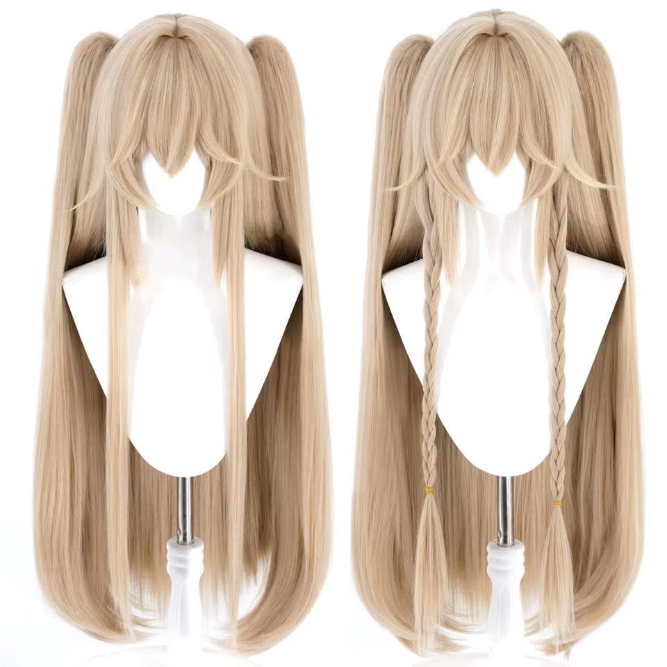 Perruque longue et droite blonde pour cosplay d'anime avec double queue de cheval