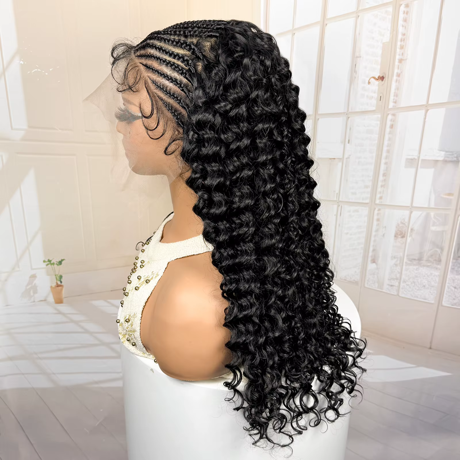 Perruque synthétique tressée en cornrows avec dentelle frontale 13x6