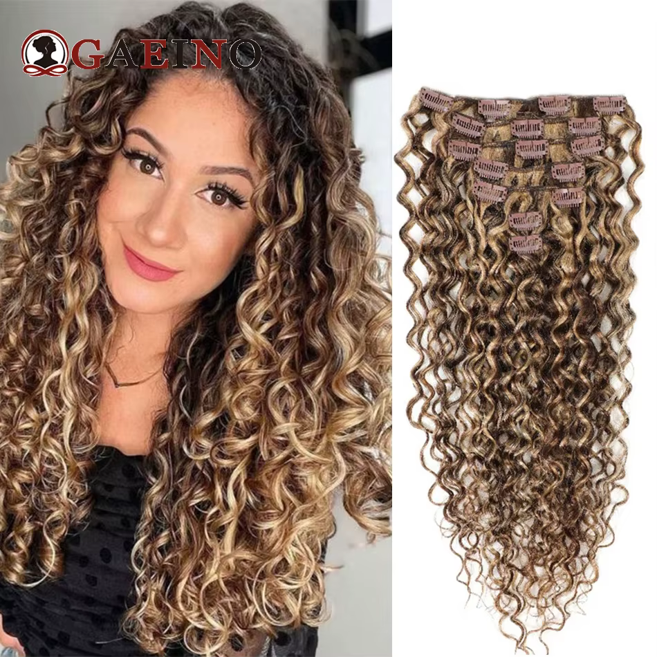 Extensions de cheveux bouclés à clipser, vagues d'eau, châtaigne agaçante, reflets blonds bronzés, 7 pièces par ensemble