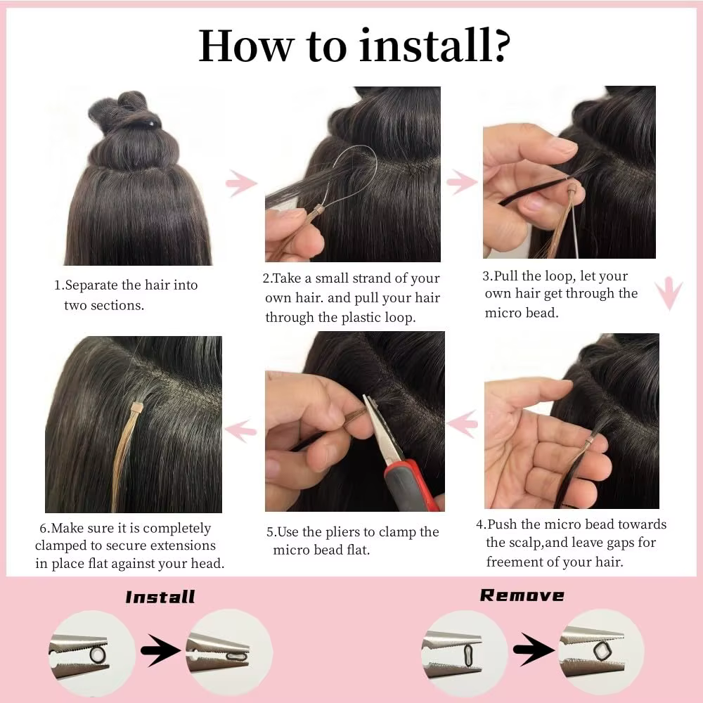 Extensions de cheveux humains 100% naturels à micro-anneaux, tissage droit professionnel avec anneaux pour un look naturel, couleurs 1B-613