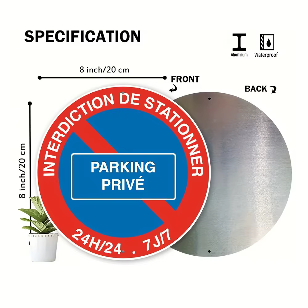 Panneau en métal imprimé HD « INTERDICTION DE STATIONNER PARKING PRIVÉ 24H/24 7J/7 » – Propriété privée, interdiction de stationnement – Avec motif Re