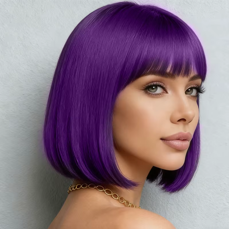 Perruque violette de 12 pouces avec frange