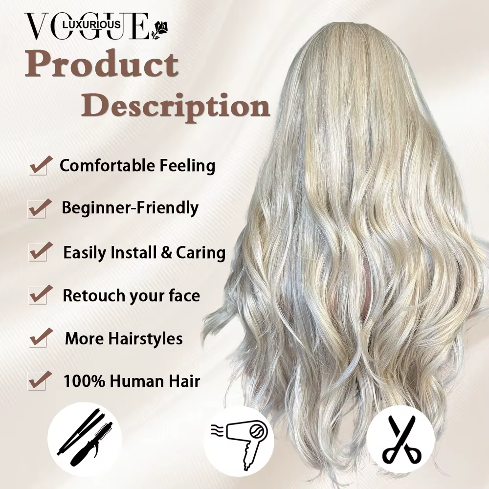 LUX VOGUE Platinum Blonde 100% perruque de cheveux humains avec frange 13x6 Transparent mise à niveau dentelle avant