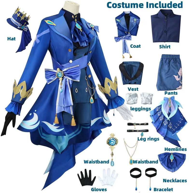 Furina Cosplay Costume perruque Impact Fontaine focalors avec chapeau costumes noirs chaussures