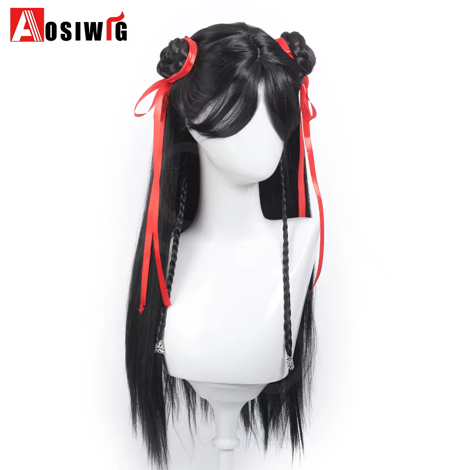 Anime films chinois Cosplay perruque noir cheveux longs raides avec tresse ruban rouge Double chignon styleet