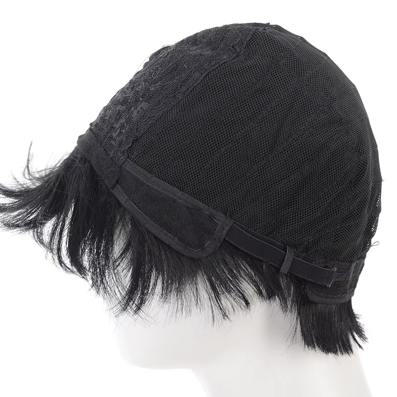 Perruque synthétique courte et lisse noire pour garçons coréens