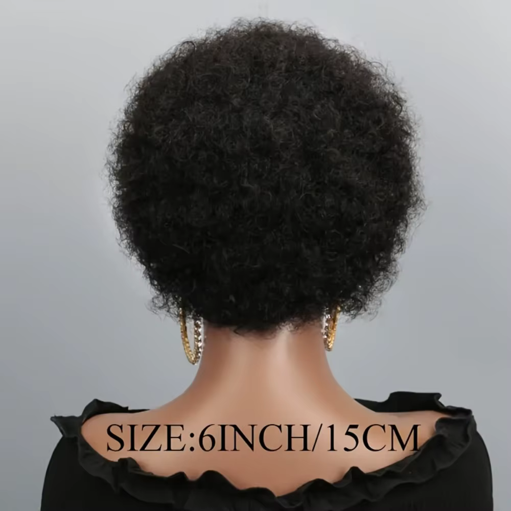 Perruque de cheveux humains courts afro bouclés Pixie pour femmes - 6 pouces noir naturel densité 150%