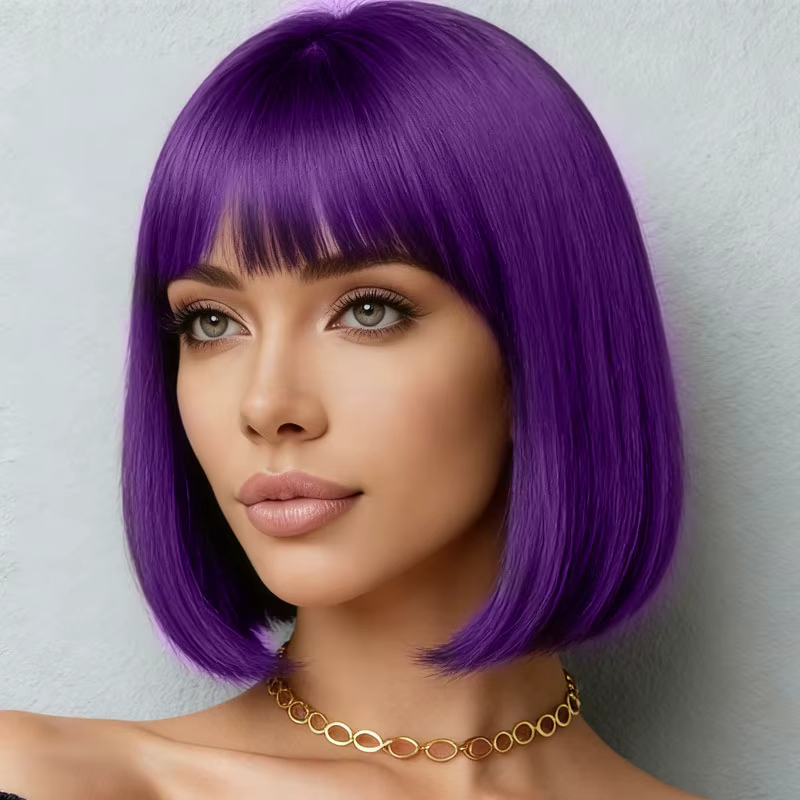 Perruque violette de 12 pouces avec frange