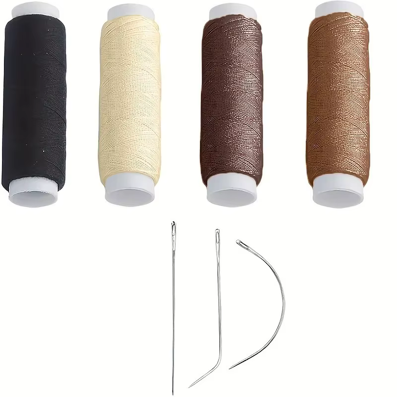 Fil à coudre en nylon 4 couleurs pour tissage de mèches + aiguille J+I+C pour extensions à clipser