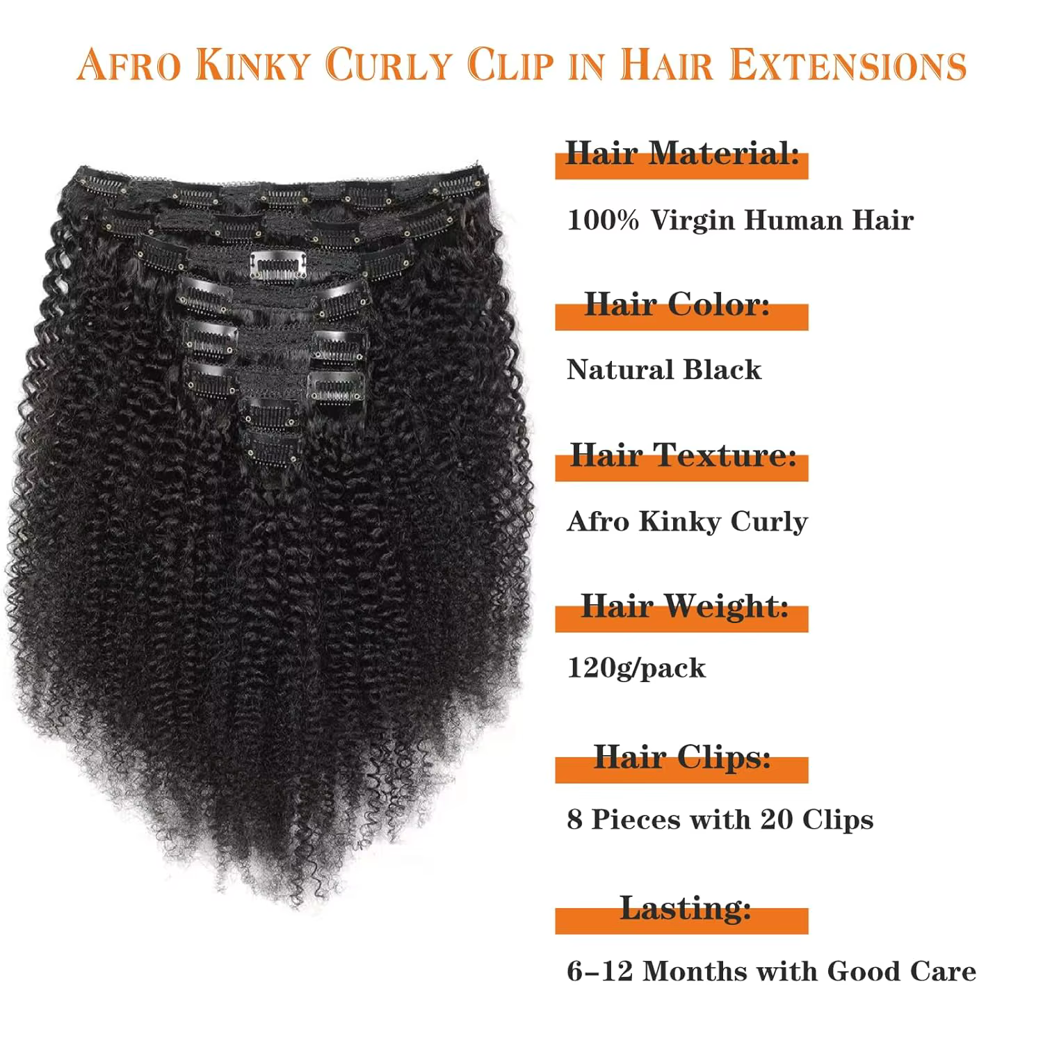 Extensions de cheveux humains bouclés crépus 4C à clipser