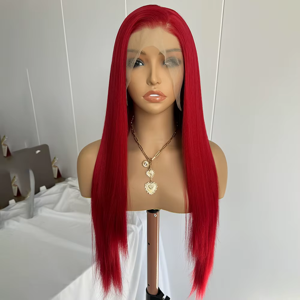 Perruque rouge perruque de dentelle synthétique longue perruque droite en soie perruque rouge foncé usage quotidien perruques de dentelle frontale pour les femmes Cosplay perruque droite rouge