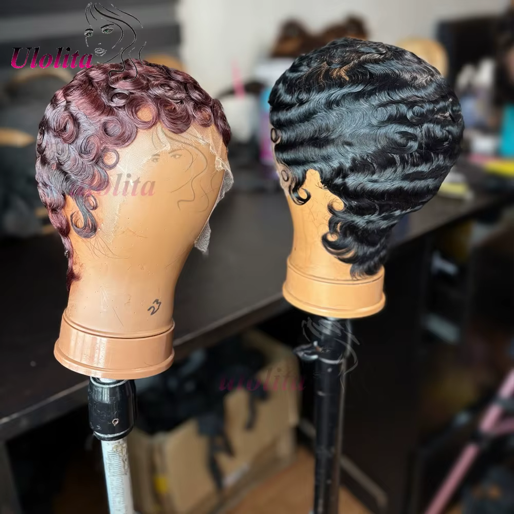 Perruques Courtes pour Femmes Noires Cheveux Humains Bourgogne 99J Chic Sans Colle Ondulées Coupe Pixie Perruque