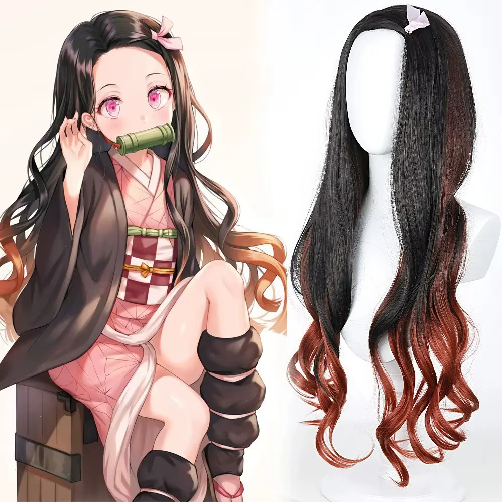 Perruque de cosplay Nezuko anime à cheveux longs bouclés