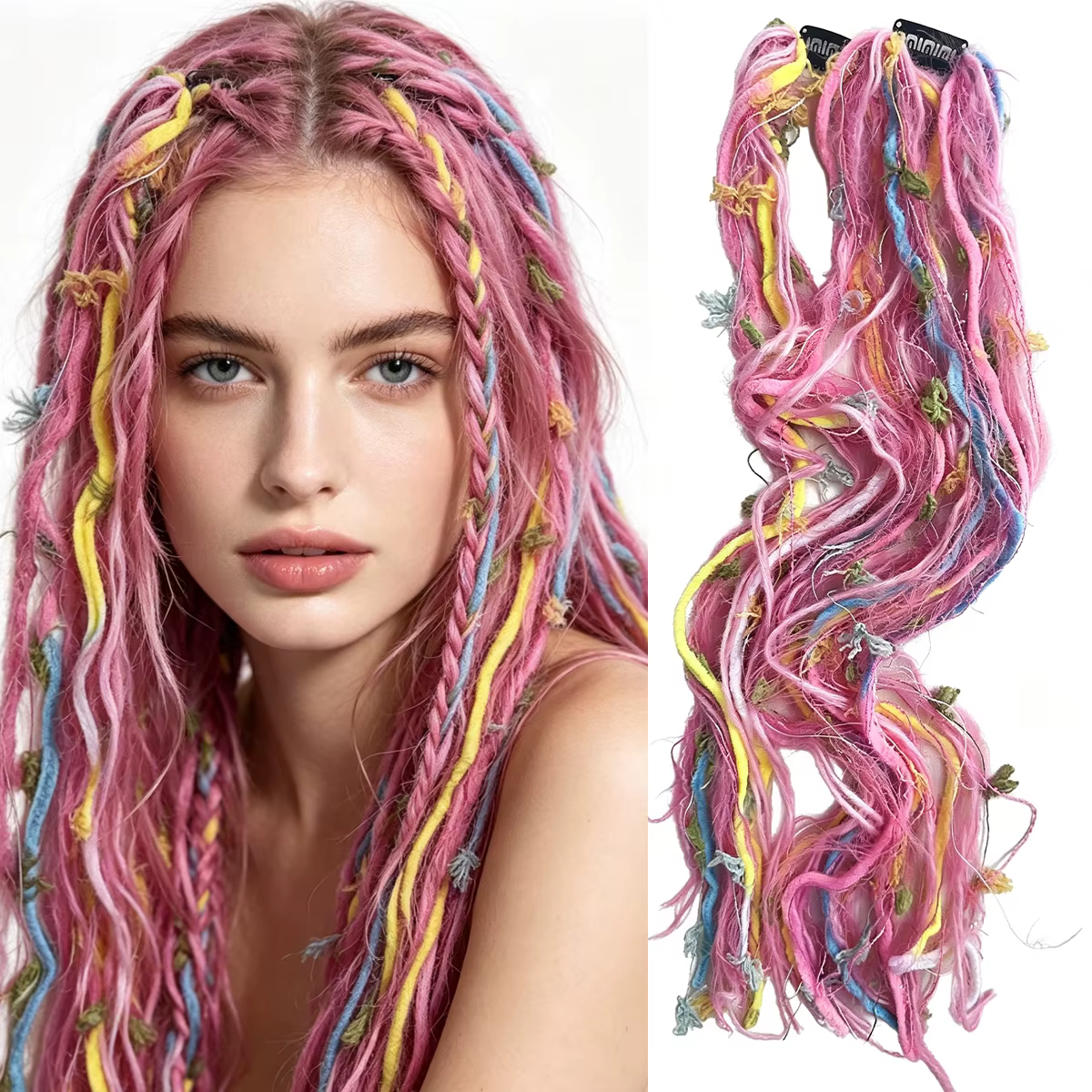 Extensions capillaires synthétiques à clipser, rose pastel, style Macaron, fausses locks, faites à la main, texturées et lisses, avec mèches pour femmes, pour usage quotidien et soirées