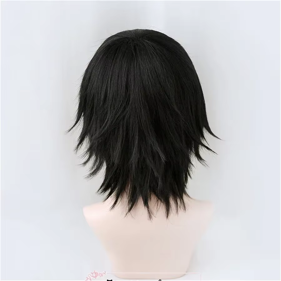 Himeno perruque tronçonneuse homme noir court moelleux couches cheveux synthétiques avec yeux Patch résistant à la chaleur Costume fête jouer