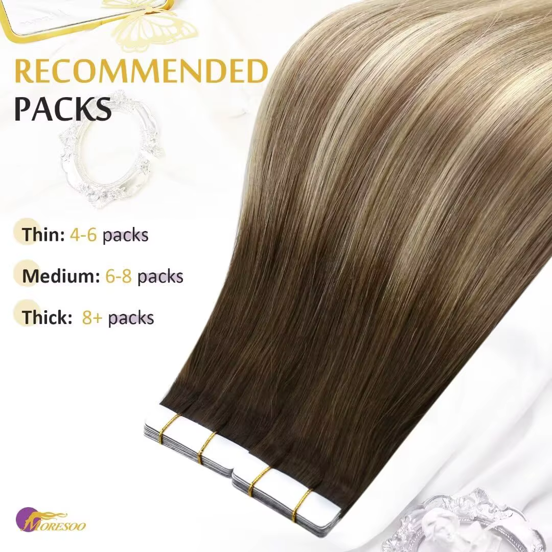 Moresoo-Extensions de cheveux à ruban adhésif, 100% vrais cheveux humains, qualité de salon, cheveux invisibles, peau naturelle Remy, bande de trame en PU, 25G, 50G