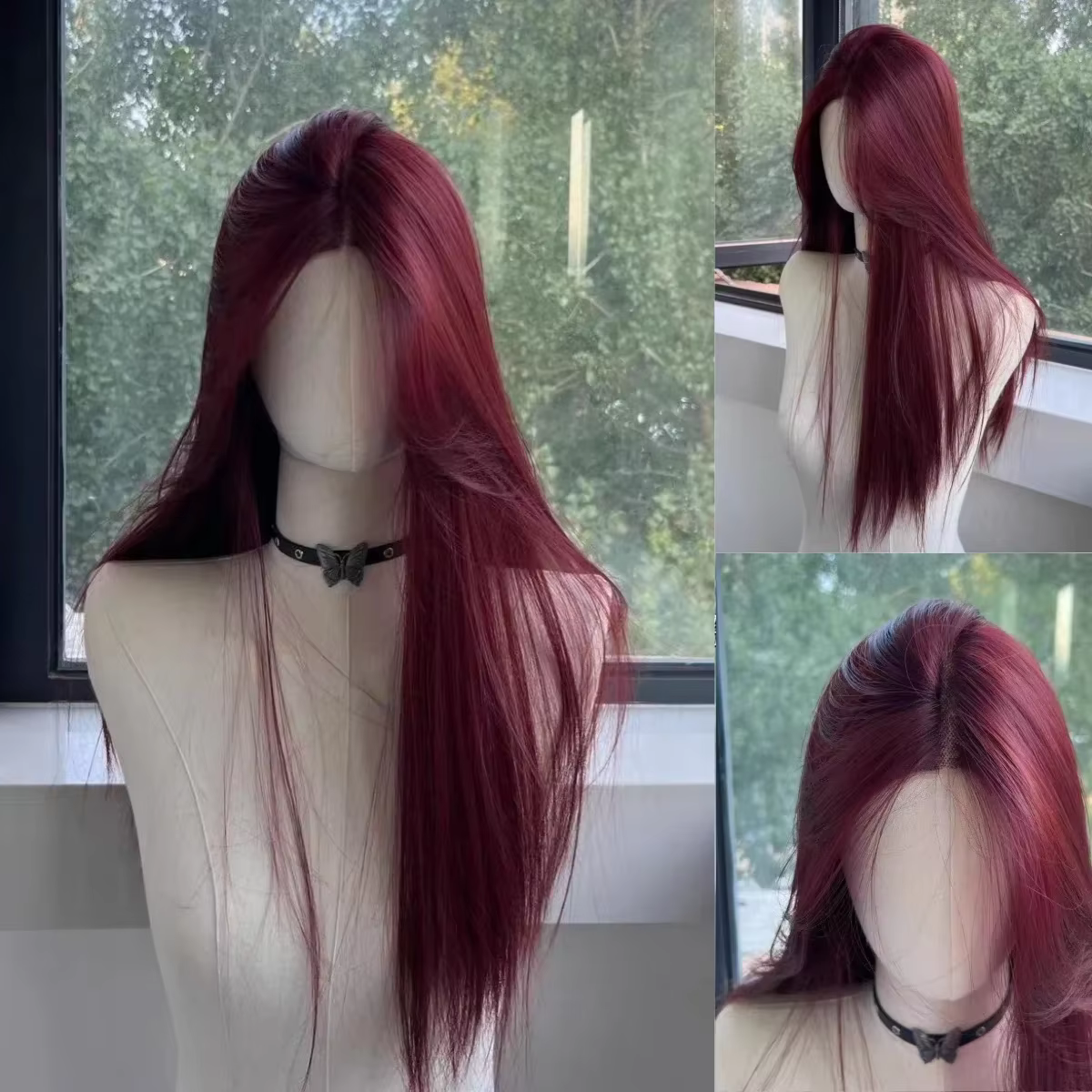 Perruque Lace Front Wig synthétique rouge longue et lisse pour femmes