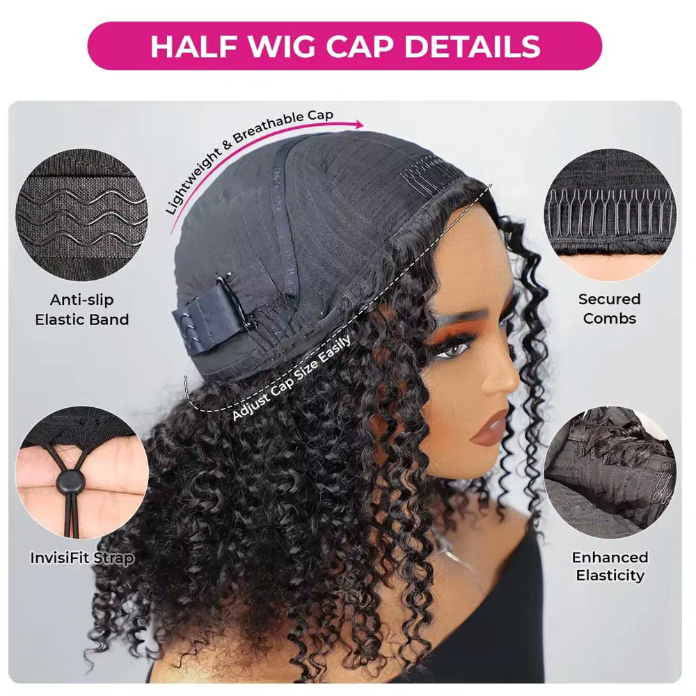 Demi-perruque en cheveux naturels InvisiFit Strap Blonde Highlight Kinky Curly 3-en-1 à cordon de serrage