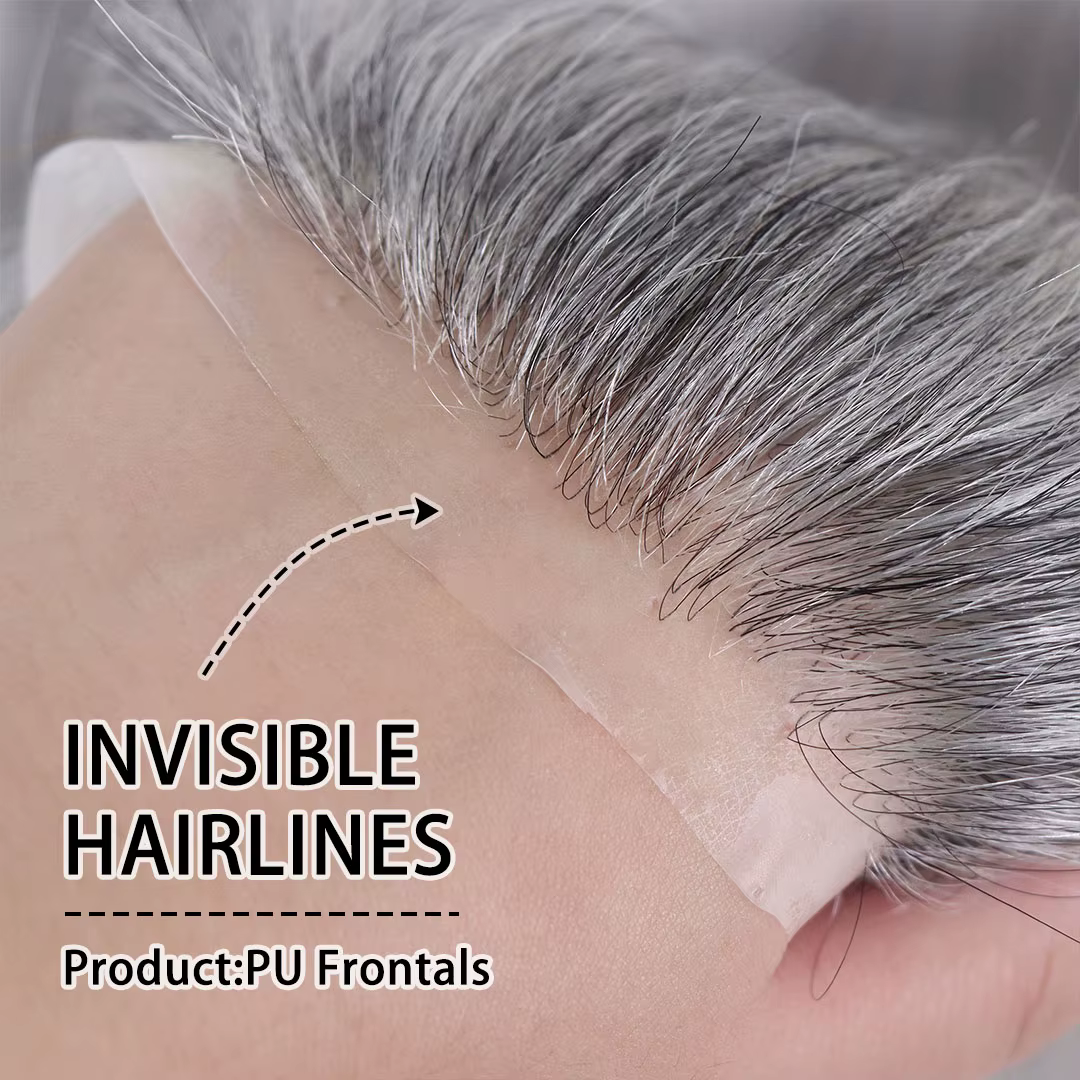 Toupet gris pour hommes postiche humaine 0.06mm peau Ultra mince Style V ligne de cheveux frontale