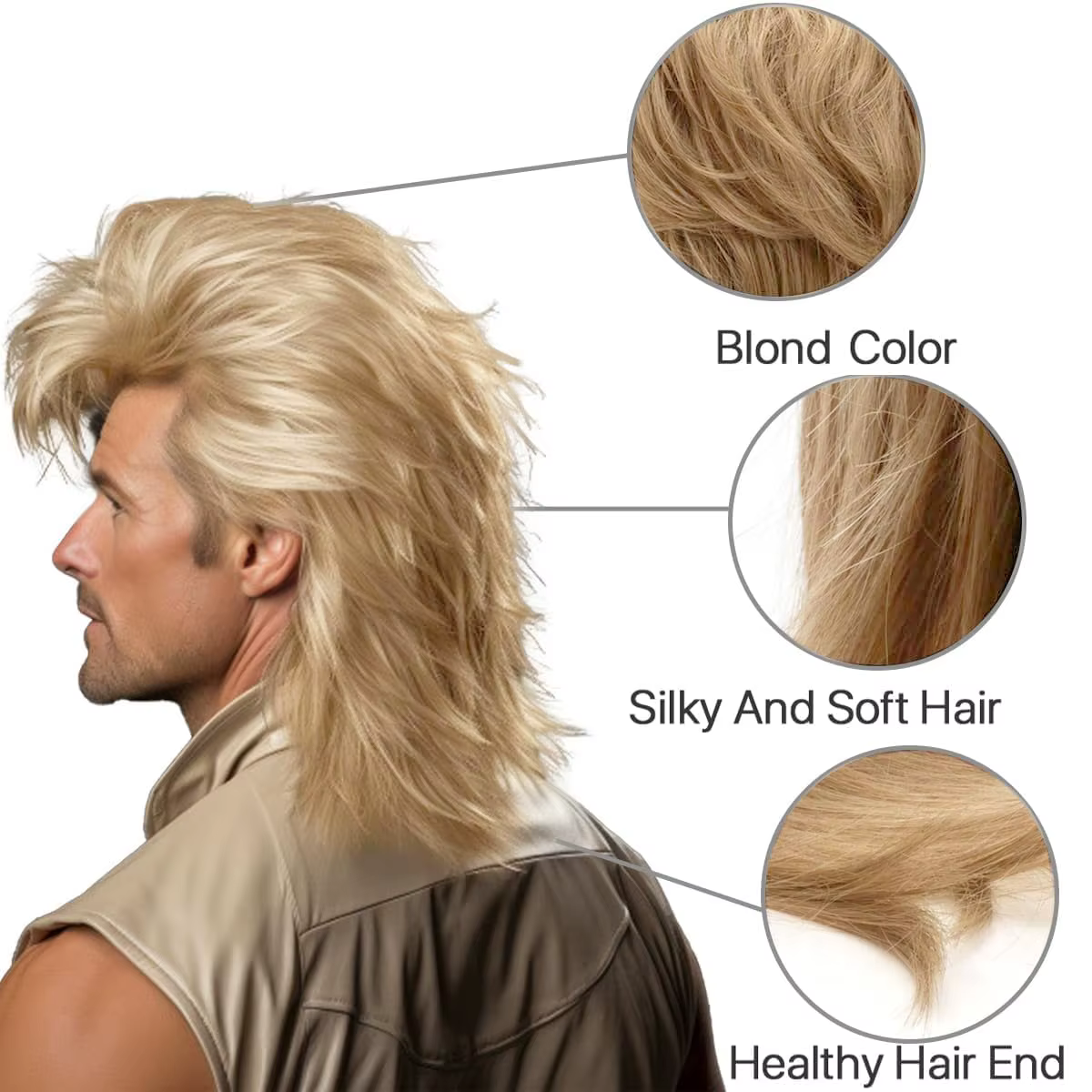 Perruque de mulet synthétique longue blonde faite à la machine pour hommes des années 70 et 80 Costume fantaisie fête bouclée Punk Rocker Costumes d'Halloween utilisation masculine