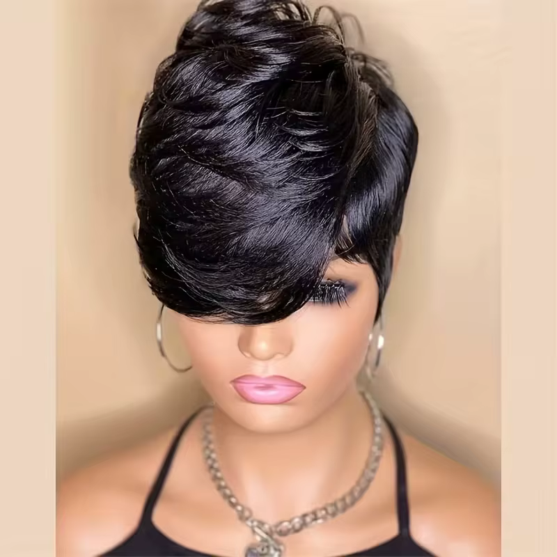 Perruque coupe lutin de cheveux humains sans colle de 6 pouces pour femmes avec longue frange Swoopy - Perruques superposées droites de densité 180%
