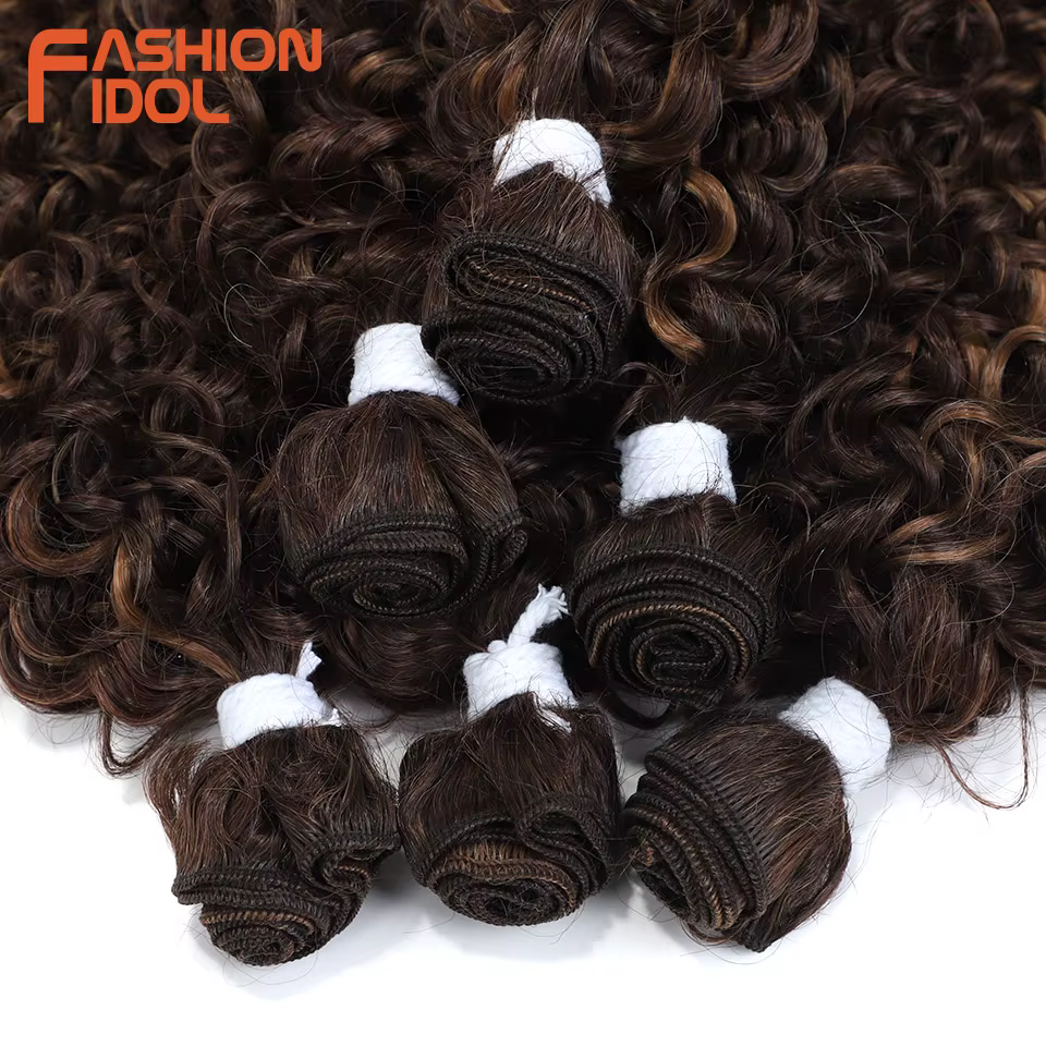 Extensions de cheveux afro bouclés crépus FASHION IDOL, 14-18 pouces, 6 pièces, mèches synthétiques, tissage, ombré brun, cheveux artificiels