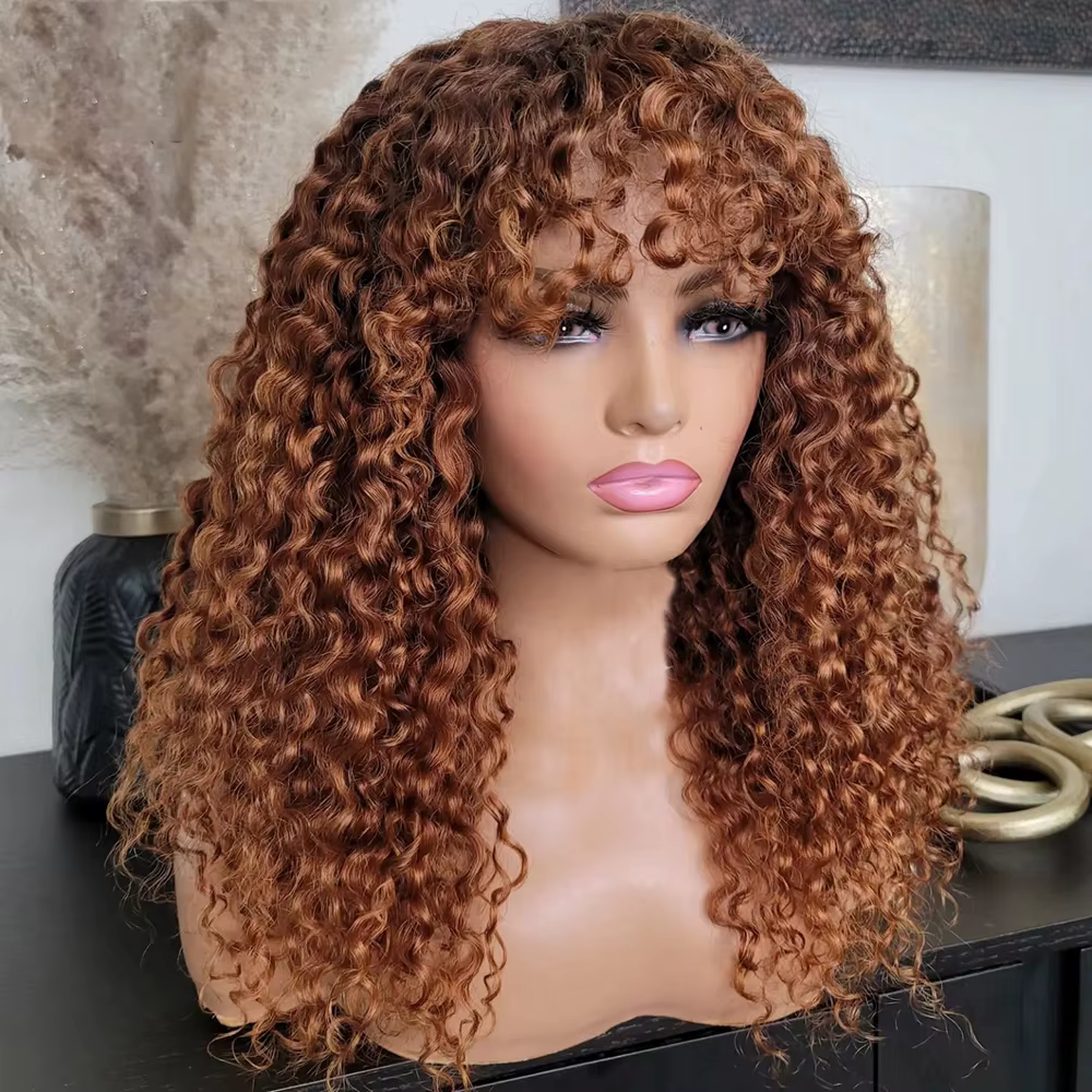 Perruque blonde miel bouclée crépue avec frange pour femme, perruque machine sans colle, cosplay haute température, noir naturel, 26 po de long, 03/3
