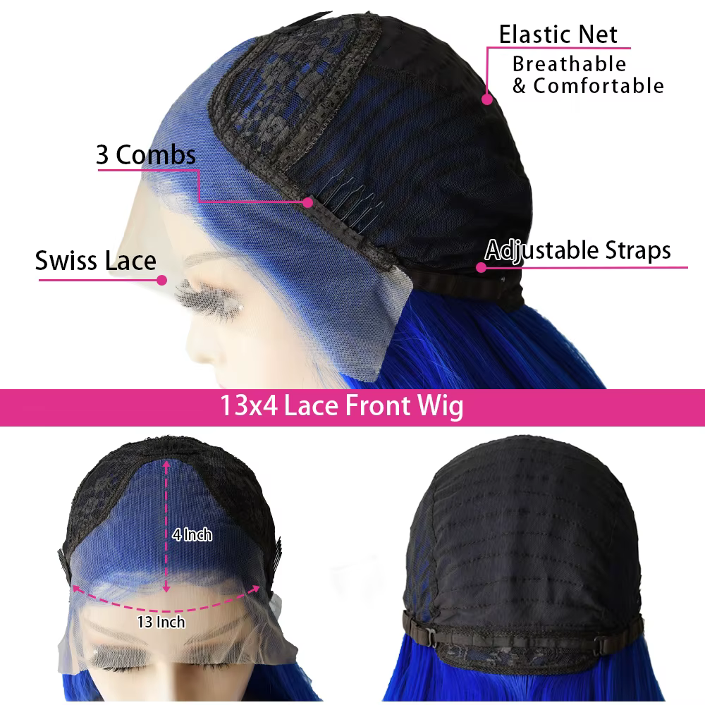 Perruque bleu nuit longue et droite avec dentelle frontale 13x4 HD