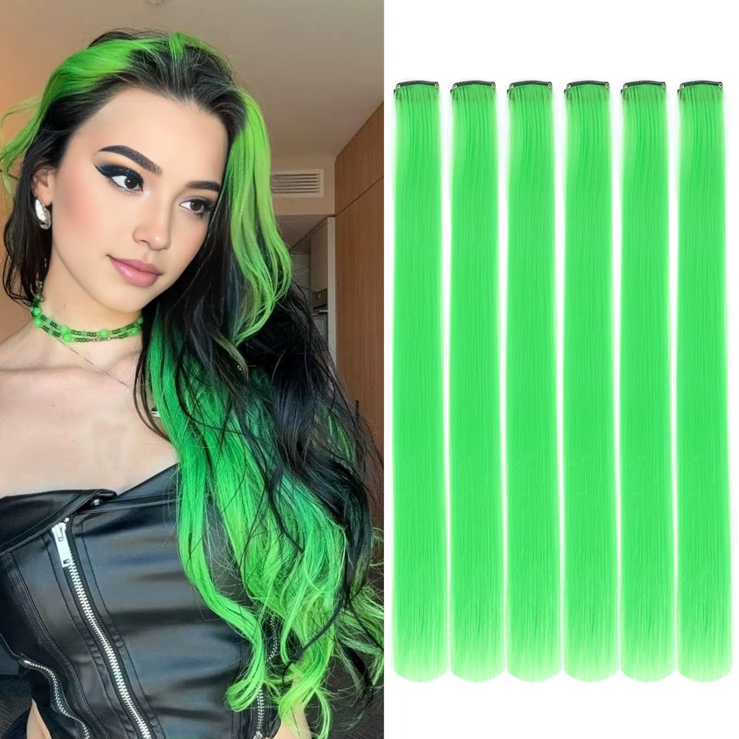 Extensions de cheveux synthétiques vert herbe à clips