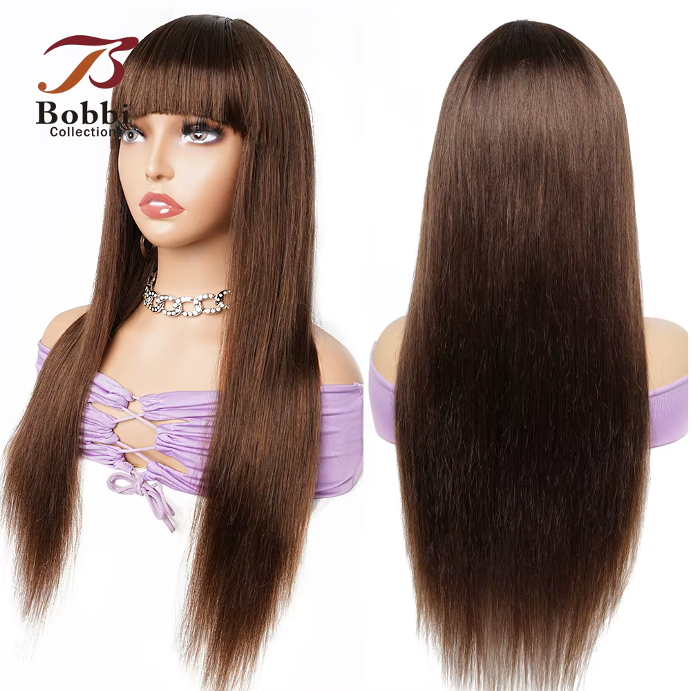 Perruques de cheveux 100% humains, perruque complète avec frange, marron, lisse, faite à la Machine, avec frange, Collection Bobbi
