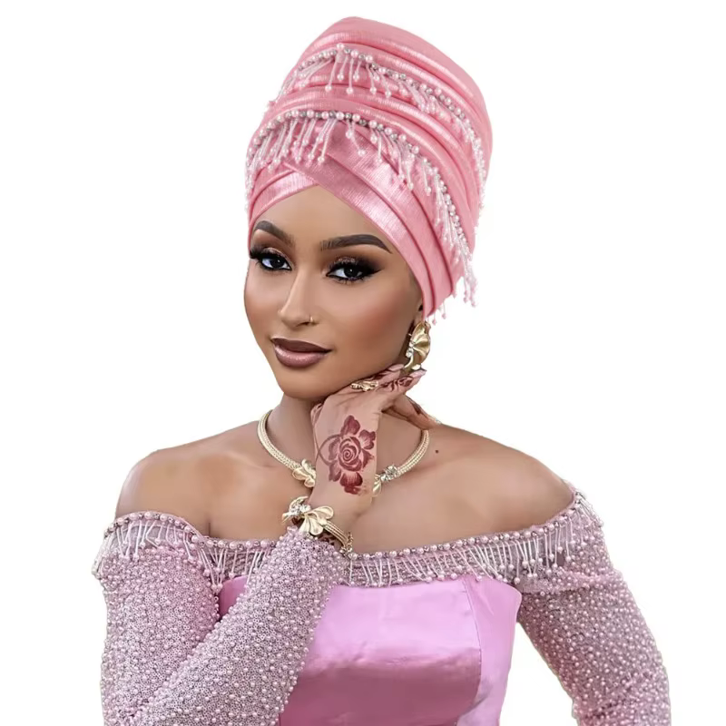 Couvre-chef africain femmes perles glands Turban casquette mariage nigérian Auto Gele fête casque tête enveloppement Hijab Bonnet chapeau coiffure