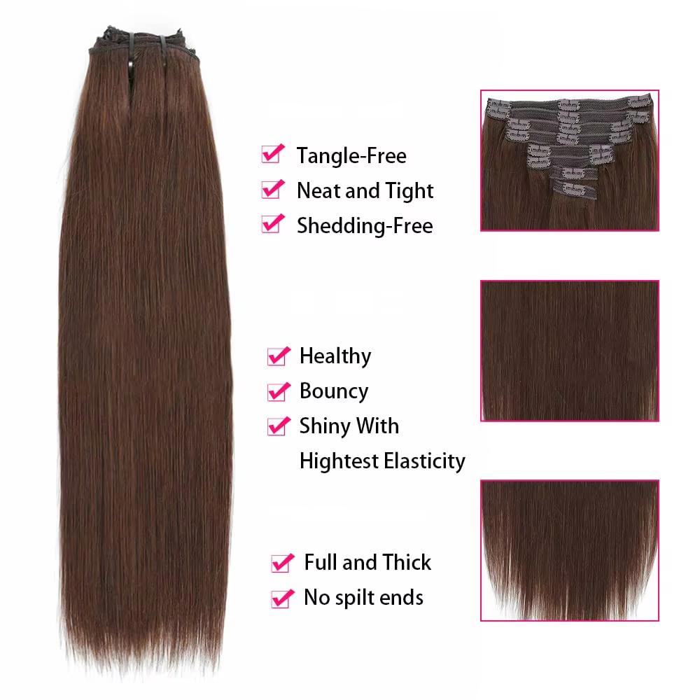 Extensions de cheveux à clipser, cheveux humains véritables, lisses, 100% cheveux humains brésiliens Remy, couleur brun chocolat, 16-26 pouces, pour femmes