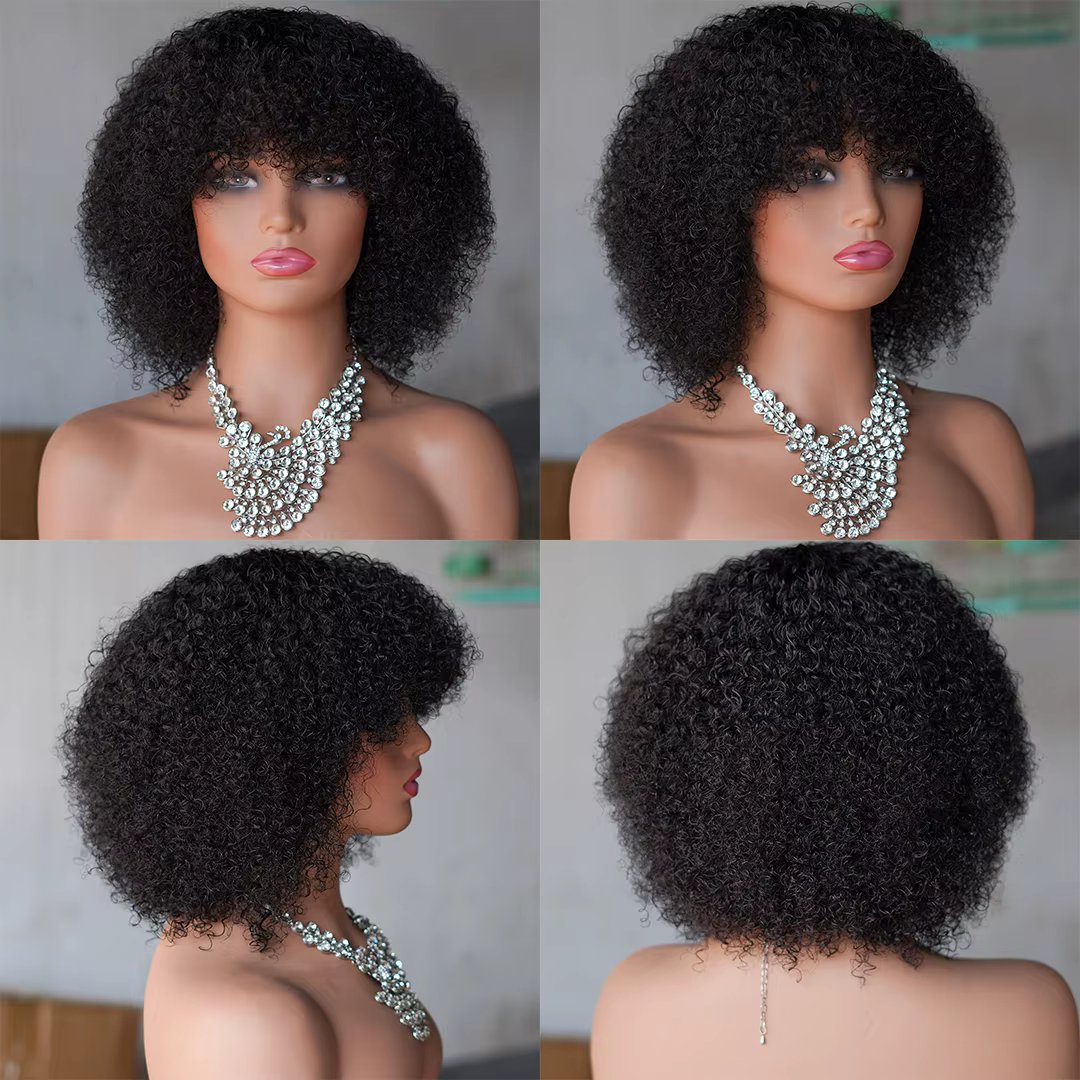 Perruque de cheveux humains crépus bouclés afro mongols avec frange faite à la machine 250% perruques