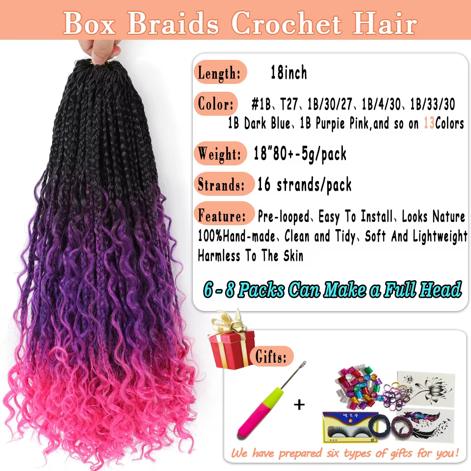 Extensions de tresses bohémiennes longues de 18 pouces, tresses de boîte de déesse, cheveux au crochet, cheveux synthétiques noirs, violets et roses, tresses hippies bohèmes