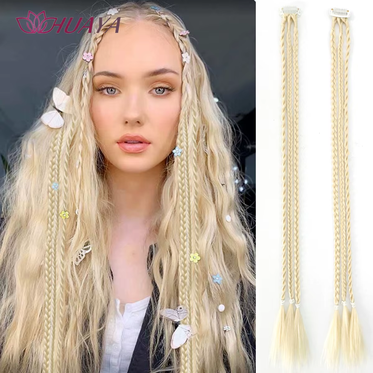 HUAYA-Tresses frontales à clipser avec 3 tresses sur chaque clip, 22 pouces de long, postiches synthétiques naturelles et douces pour Gi