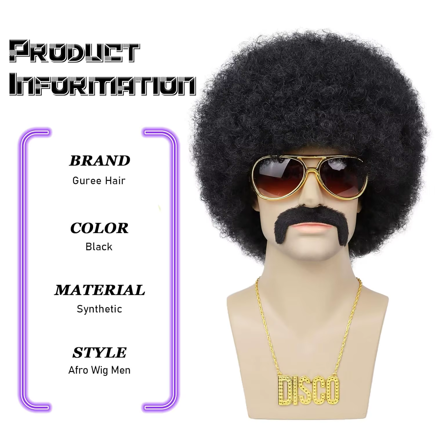 Perruque synthétique style disco rock des années 50 avec lunettes et collier